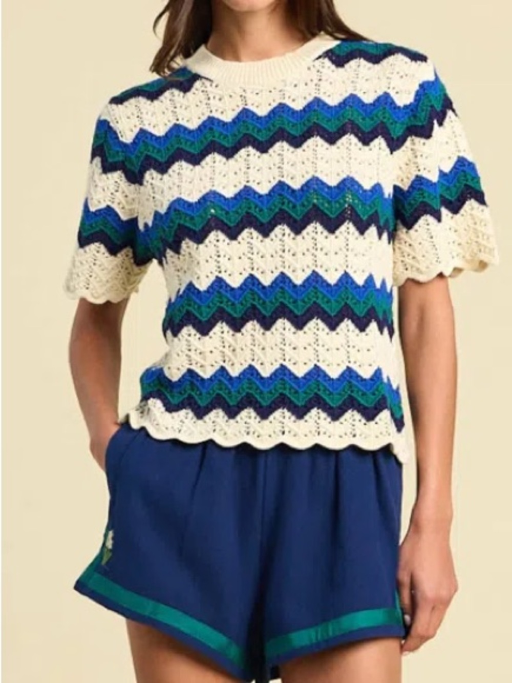 Trovata Cream Chevron Knit Short-Sleeve Sweater with Blue & Green Stripes